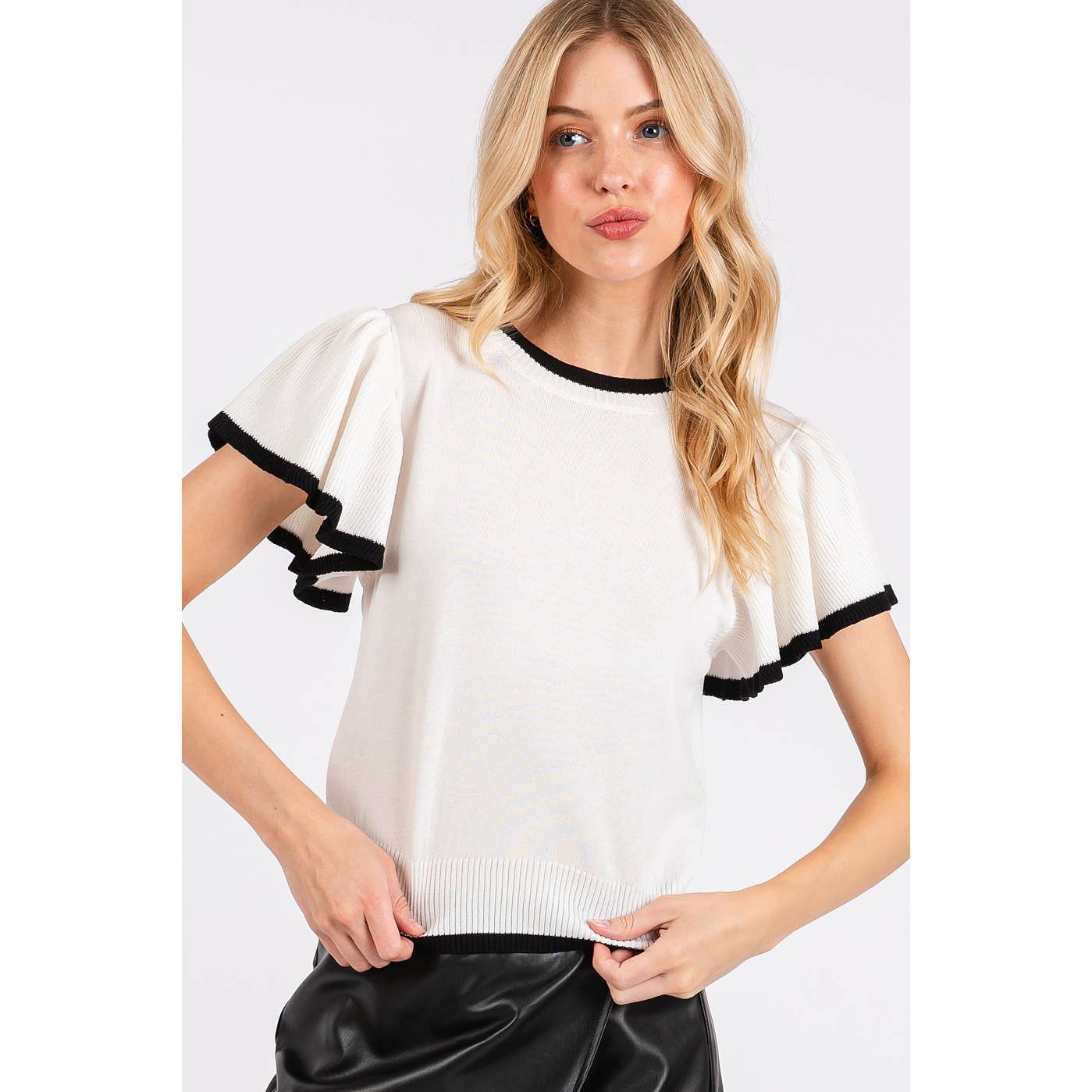 mittoshop - Wholesale Knit Top - Women's - SWEATER KNIT RUFFLE SLEEVE CONTRAST CROP TOP19
