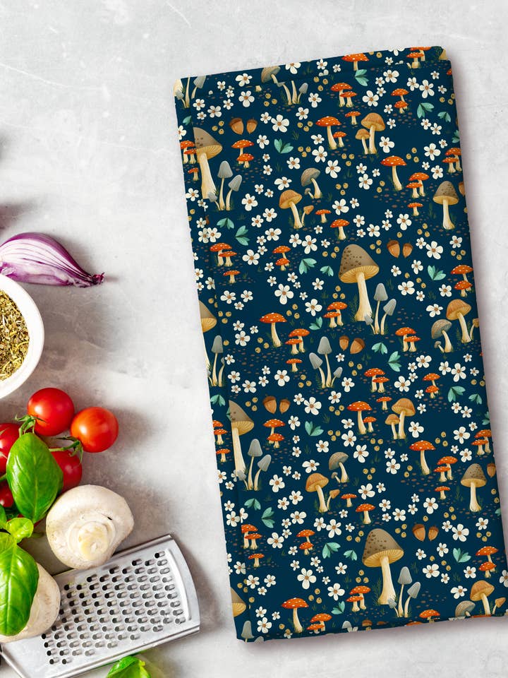 Tea Towel - Mushroom Medley - Blue - 19 x 27” for wholesale by Roxy Lane Design