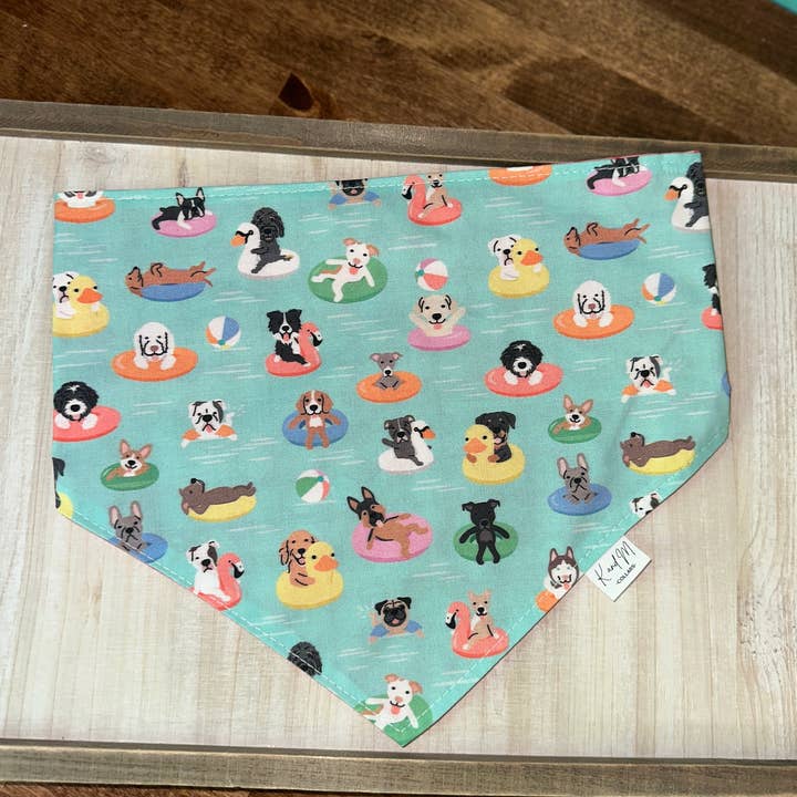 K and M Collars, LLC - Wholesale Pet Bandana - Dog - Dogs On Floats Reversible Dog Bandana, Swimming, Water