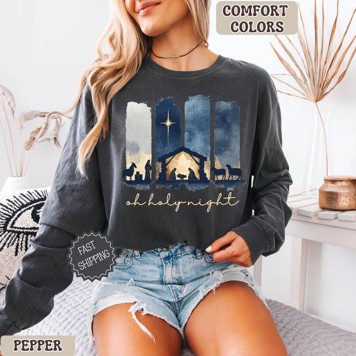 Maglietta Oh Holy Night, Maglione di Natale Comfort Colors per la vendita all'ingrosso da parte di Glaime