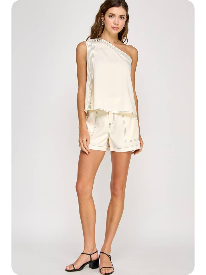 Strut & Bolt - Wholesale Blouse - Women's - Top Stitch Detail One Shoulder Top