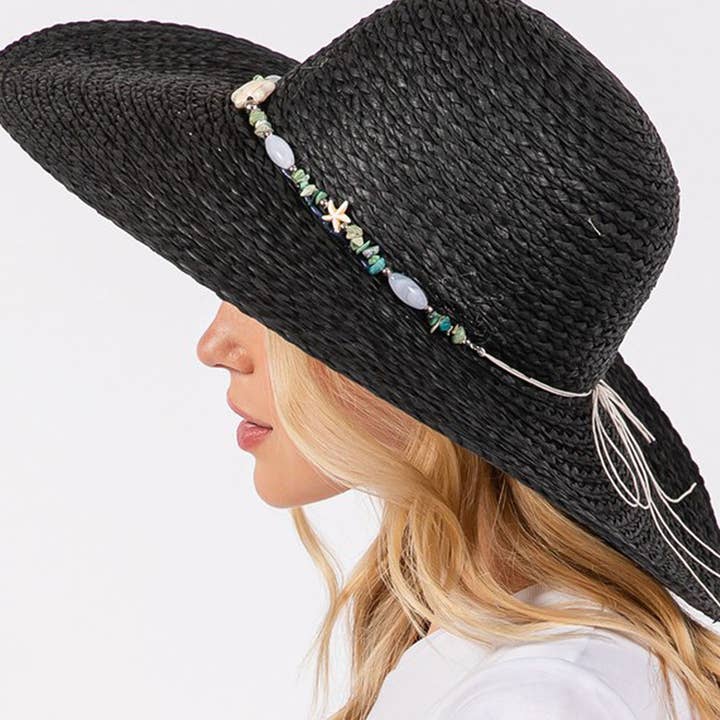 3AM BY H&D ACCESSORIES - Vendita all'ingrosso Cappello di paglia - Donna - CAPPELLO DA SOLE A TESA LARGA CON PIETRA TURCHESE E STELLA MARINA2
