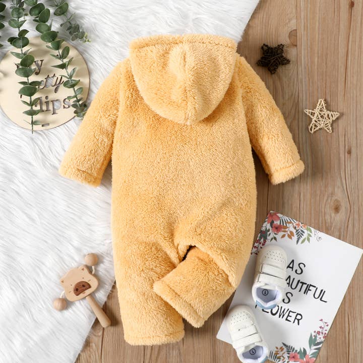 PatPat - Vendita all'ingrosso Tutina - Neonati - Tuta con cappuccio a maniche lunghe in tinta unita spessa Fuzzy da bambina1