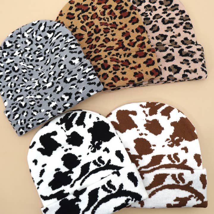 JOSSLYN by wall to wall - Wholesale Beanie - Women's - SOFT RIBBED KNIT ANIMAL LEOPARD COW BEANIES HAT | 40BN9185