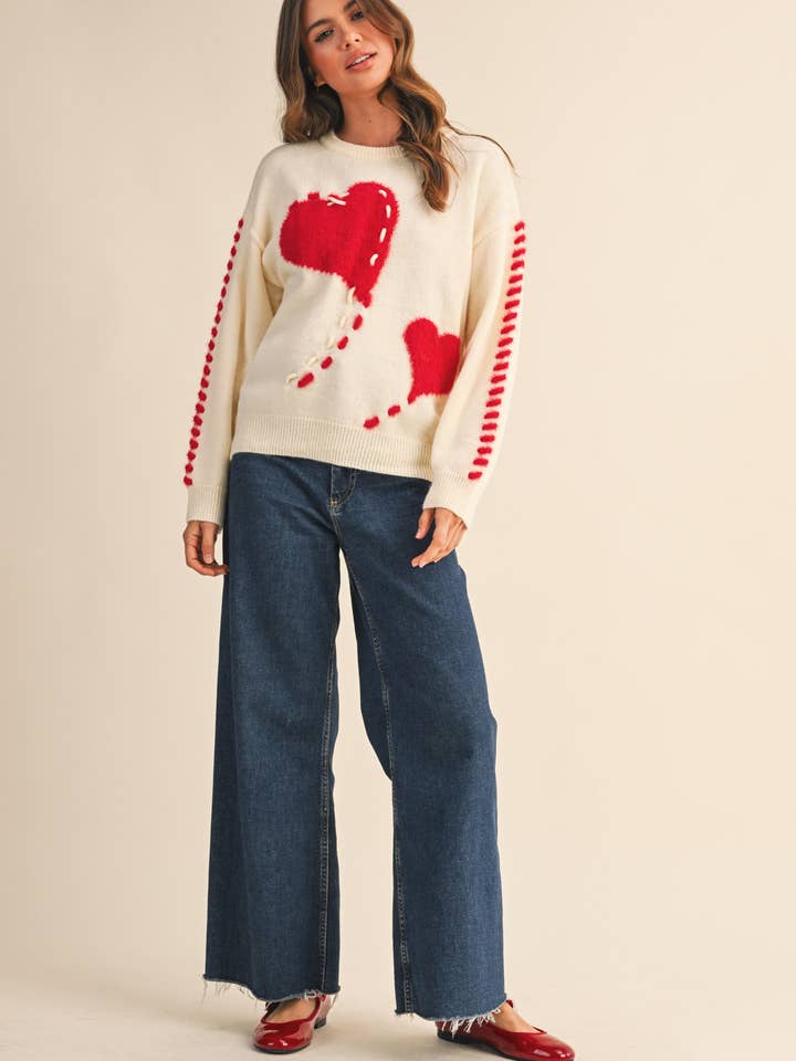 &MERCI - Wholesale Knit Sweater - Women's - FUZZY HEART KNIT SWEATER WITH WHIP STITCH MSW1099018