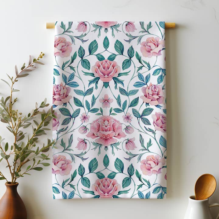 Sarah Rose – Toalha de chá por atacado – Toalha de chá de linho orgânico Vintage Rose0