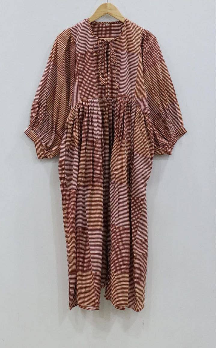 bhavnas boutique – wholesale Dress – Women's – Block Print Midi Dress Mini Dress Striped Long Cotton Dress0