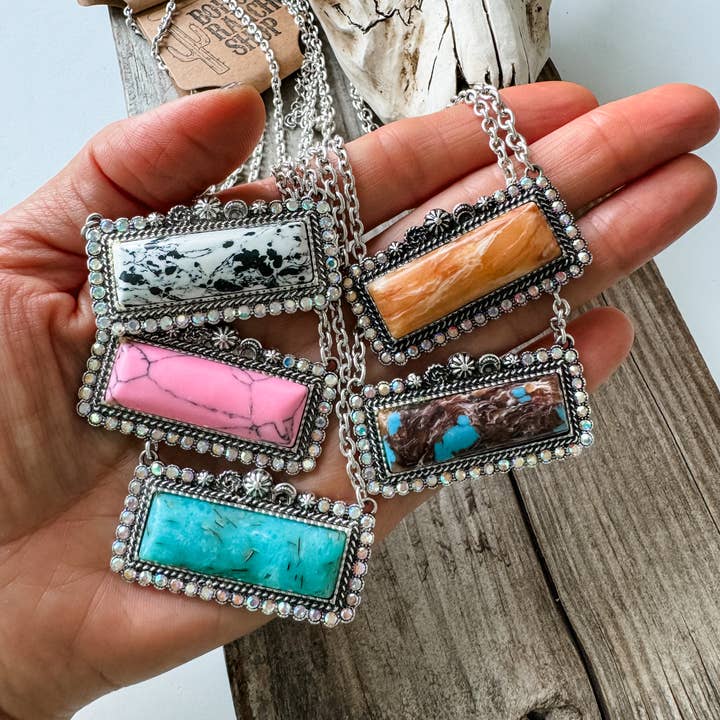 Boho Ranch Shop - Wholesale Pendant/Charm Necklace - Western Semi Stone Bar Necklace - with Rhinestone edge
