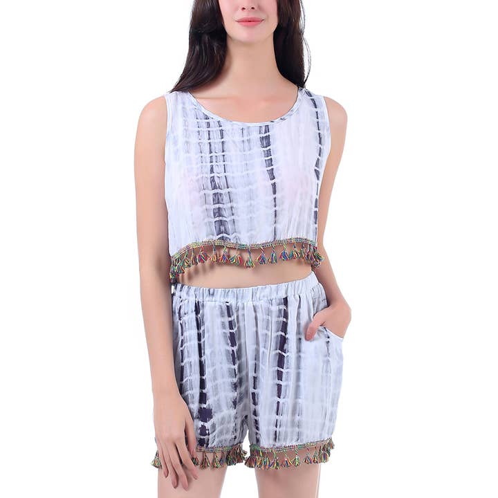 Mad Style - Wholesale Top & Short Set - Kids - Grey Tasseled Tie Dye Top + Short Set2
