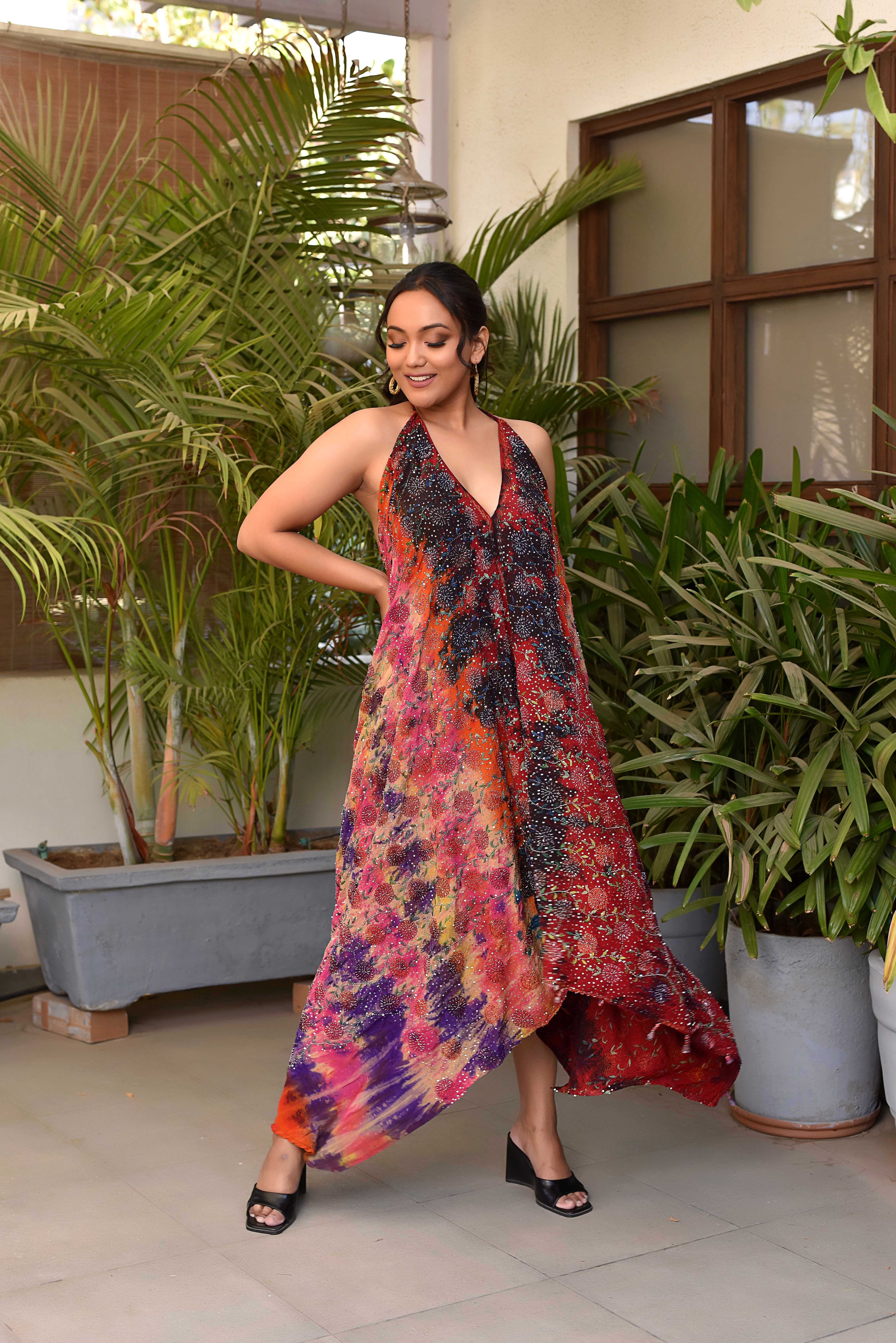 Meghcraft - Vendita all'ingrosso Vestito - Donna - Abito all'americana decorato con stampa tie-dye vintage indiano2