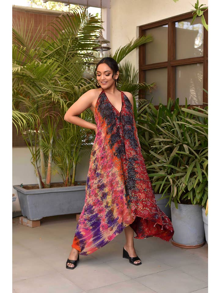 Meghcraft - Vendita all'ingrosso Vestito - Donna - Abito all'americana decorato con stampa tie-dye vintage indiano2