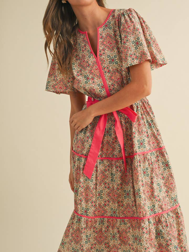 &MERCI - Vente Robe – femme - ROBE MIDI IMPRIMÉE À LIENS CONTRASTÉS MDR38214