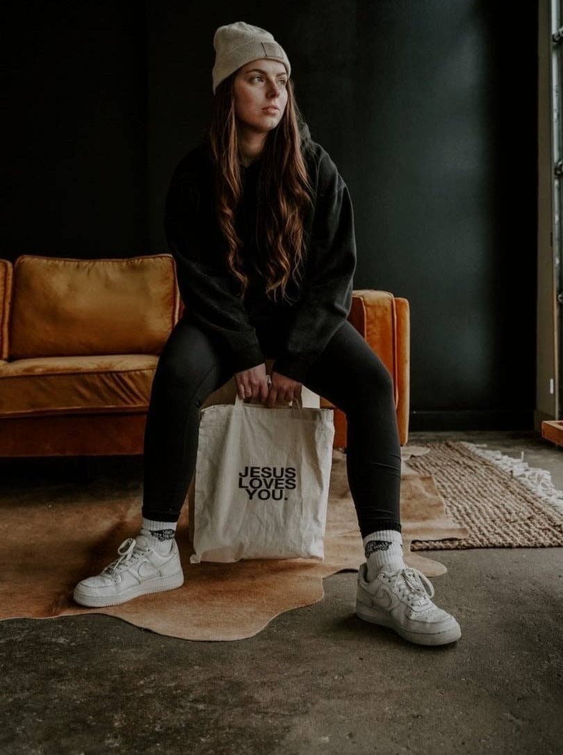 Tan Jesus Loves You Premium Canvas Tote Bag for wholesale on Faire2