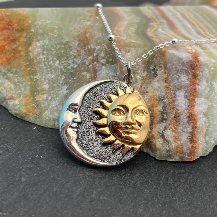 Silver Crescent Moon and Bronze Sun Disk Necklace for wholesale by Elizabeth Jewelry