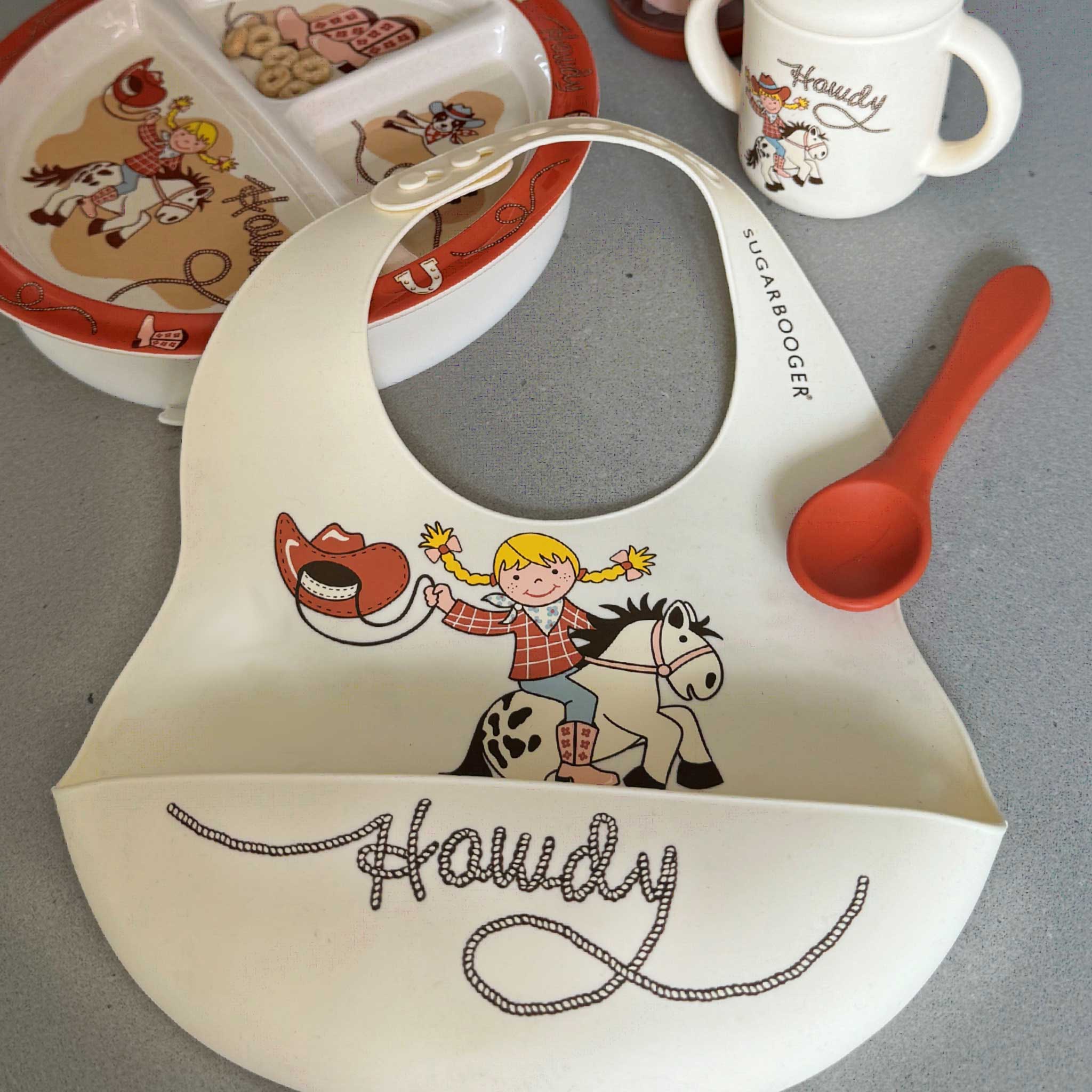 Sugarbooger by Ore’ Originals - Wholesale Bib - Baby - Fresh & Messy Silicone Bib & Spoon Set | Howdy Cowgirl3