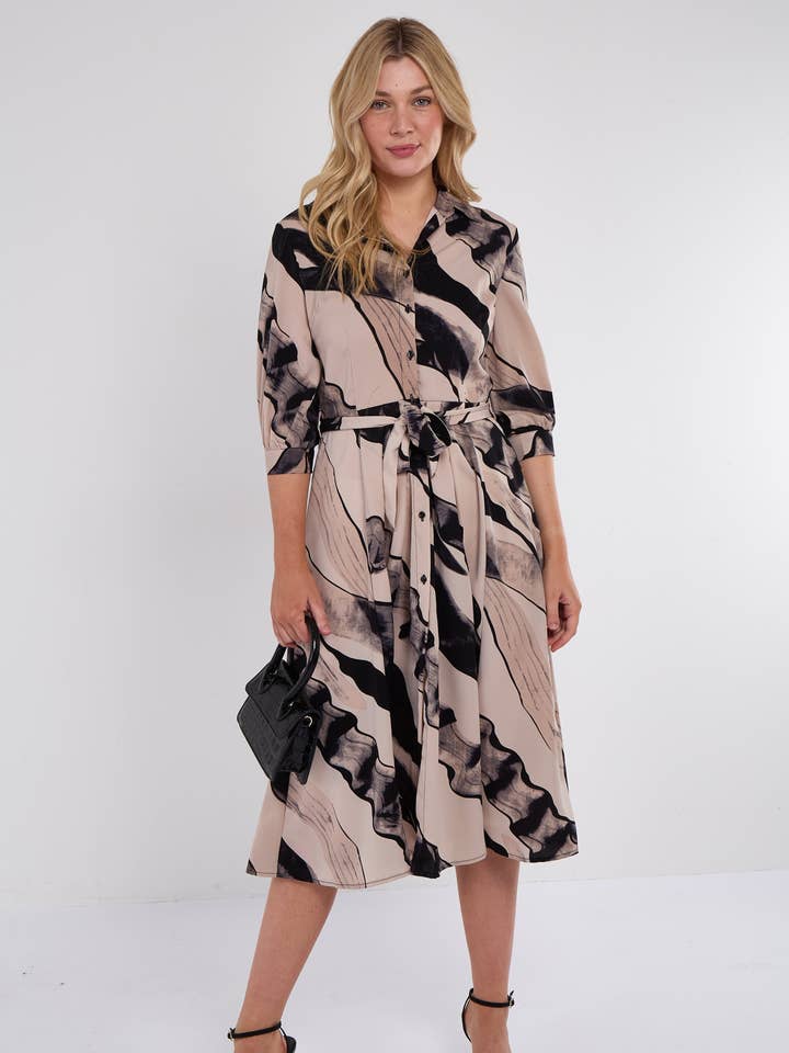 Beige Abstract Print Half Sleeve Black Midi Shirt Dress for wholesale by Love Sunshine Wholesale