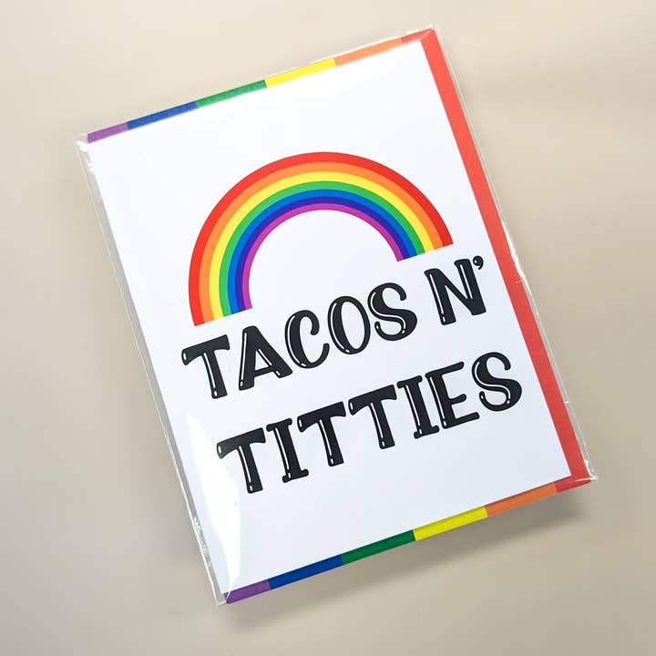 Tacos n' Titties LGTBQ+ Rainbow Lesbian Pride Greeting Card for wholesale by Indigo Maiden