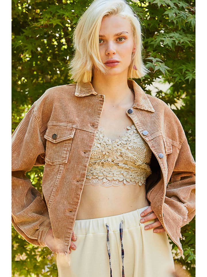 Pol Clothing - Wholesale Jacket - Women's - Pocket front button down distressed hem corduroy jacket SALE