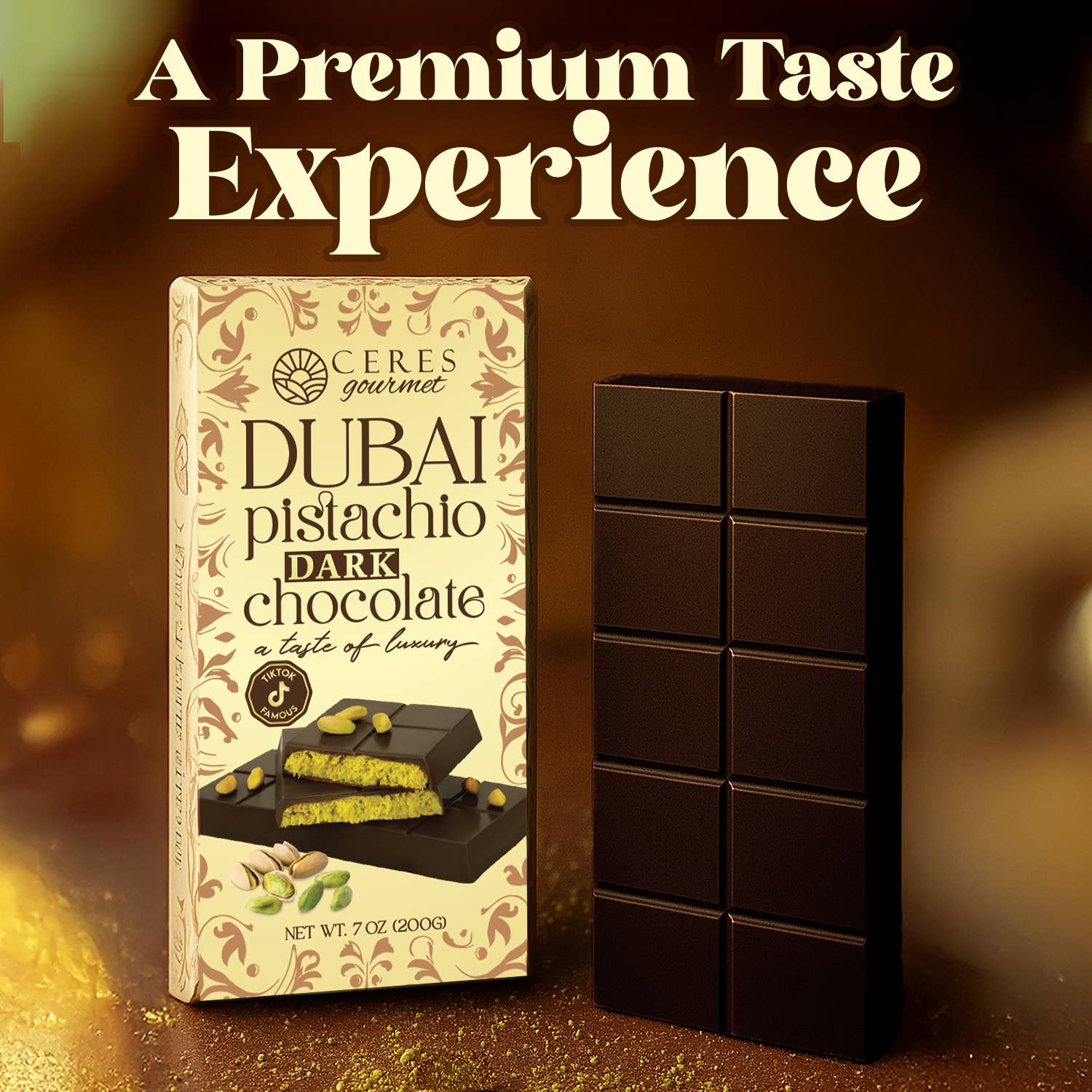 Ceres Gourmet - Wholesale Chocolate Bar -  7 oz Dark Dubai Chocolate Pistachio Bar & Gift-Ready Pack1