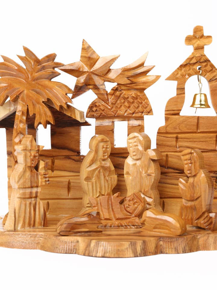 Olive Wood Nativity Scene_ Grotto and Church for wholesale by Holyland Artisans