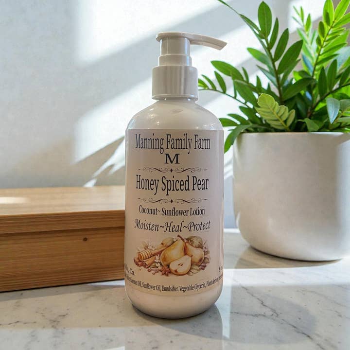Natural Hand & Body Lotion Honey Spice Pear for wholesale by Manning Family Farm