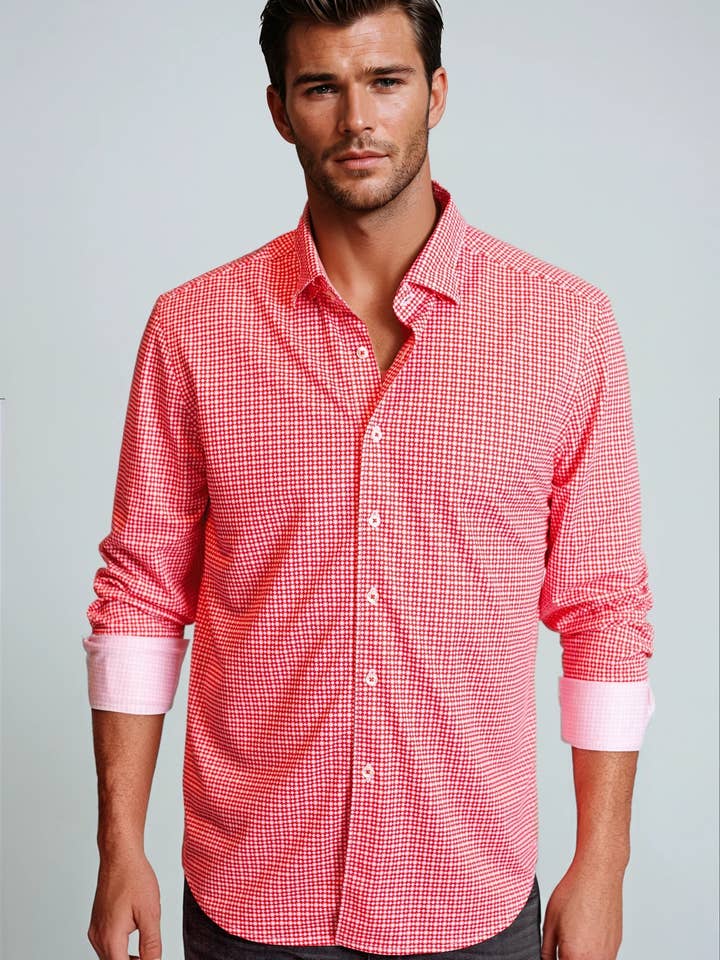 Swiss Check Long Sleeve Tech Shirt - Red for wholesale by Buki