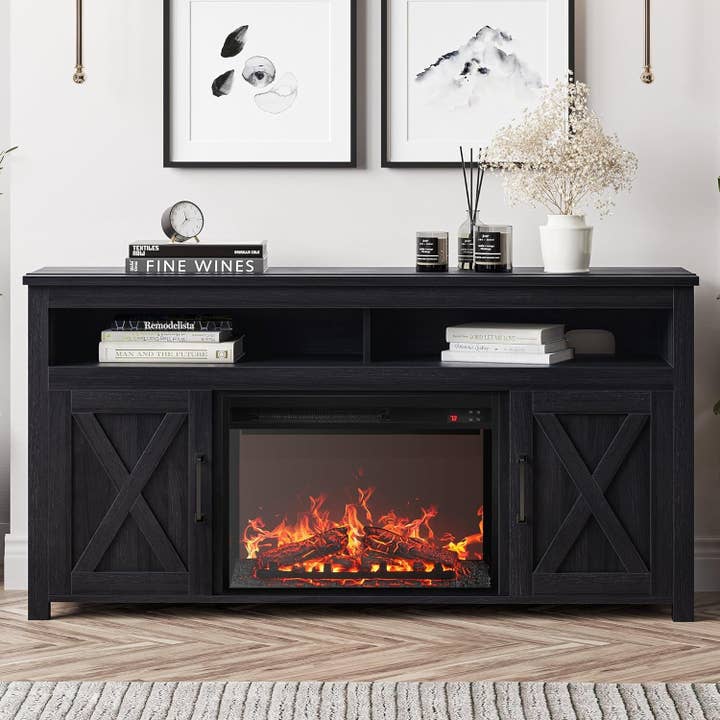 58 Inch Farmhouse TV Stand With Electric Fireplace Grey for wholesale on Faire1