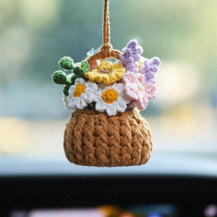 Knitted Flower Basket Car Pendant, Car Mirror Hanging Decor for wholesale by TOMOPOD LLC
