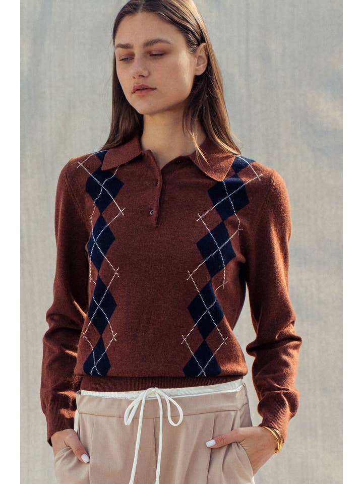 Urban Daizy - Vente Pull en maille – femme - Pull Polo Tricoté à Motif Argyle Classique3