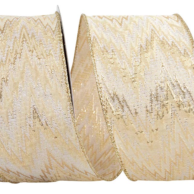 Zig-zag Woven Elegance Wired Edge, Ivory/gold, 2-1/2 In for wholesale by RELIANT RIBBON