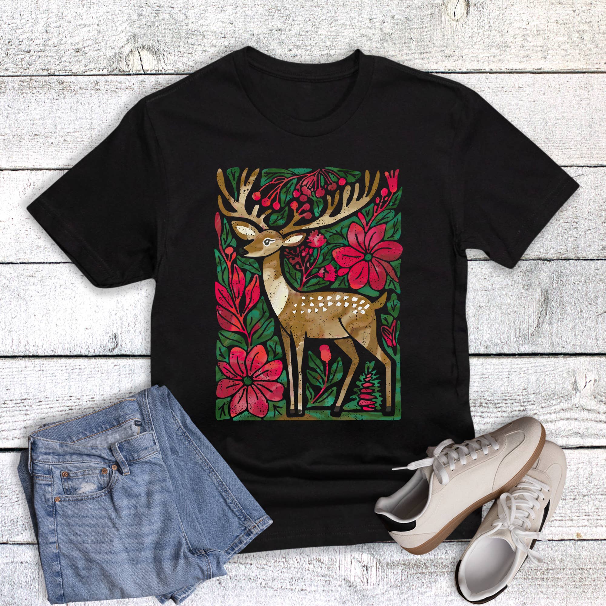 Black Christmas Boho Watercolor Deer Graphic Tee for wholesale on Faire0