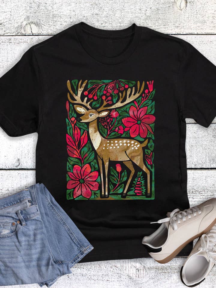 Black Christmas Boho Watercolor Deer Graphic Tee for wholesale on Faire