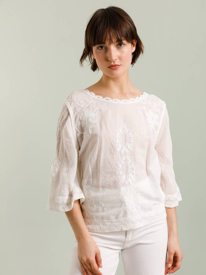 Embroidered Top with 3/4 Sleeves – Lace Trim for wholesale by DIX-ONZE