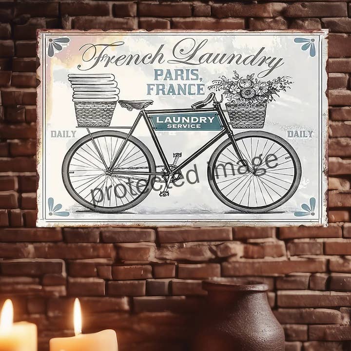 French Laundry Paris Bicycle Metal Sign for wholesale by Bad Bunny Designs
