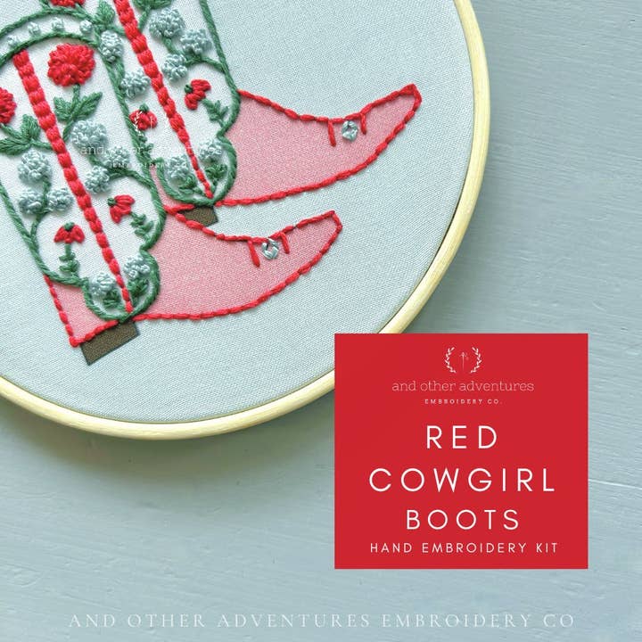 Hand Embroidery Kit - Cowgirl Boots in Red for wholesale by And Other Adventures Embroidery Co