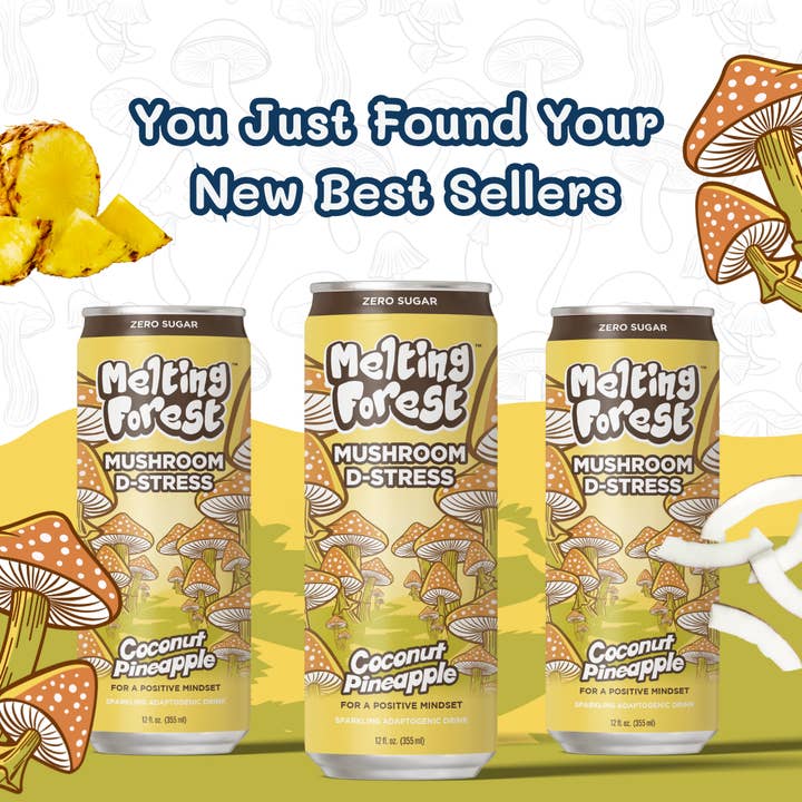 Melting Forest - Wholesale Sparkling Water - Mushroom Drink | Stress Relief | Coconut Pineapple | 12-pk
