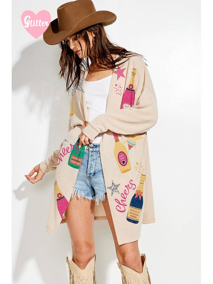 Holiday Cheers Glitter print Knit Cardigan and other Purchase Wholesale champagne please. Free Returns & Net 60 Terms on Faire trending on Faire.