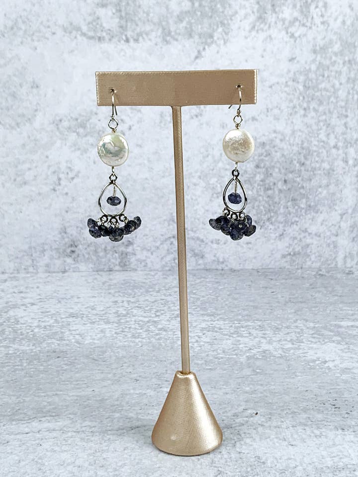 Freshwater Pearl and Iolite Chandelier Earrings for wholesale by Scarlette Dove