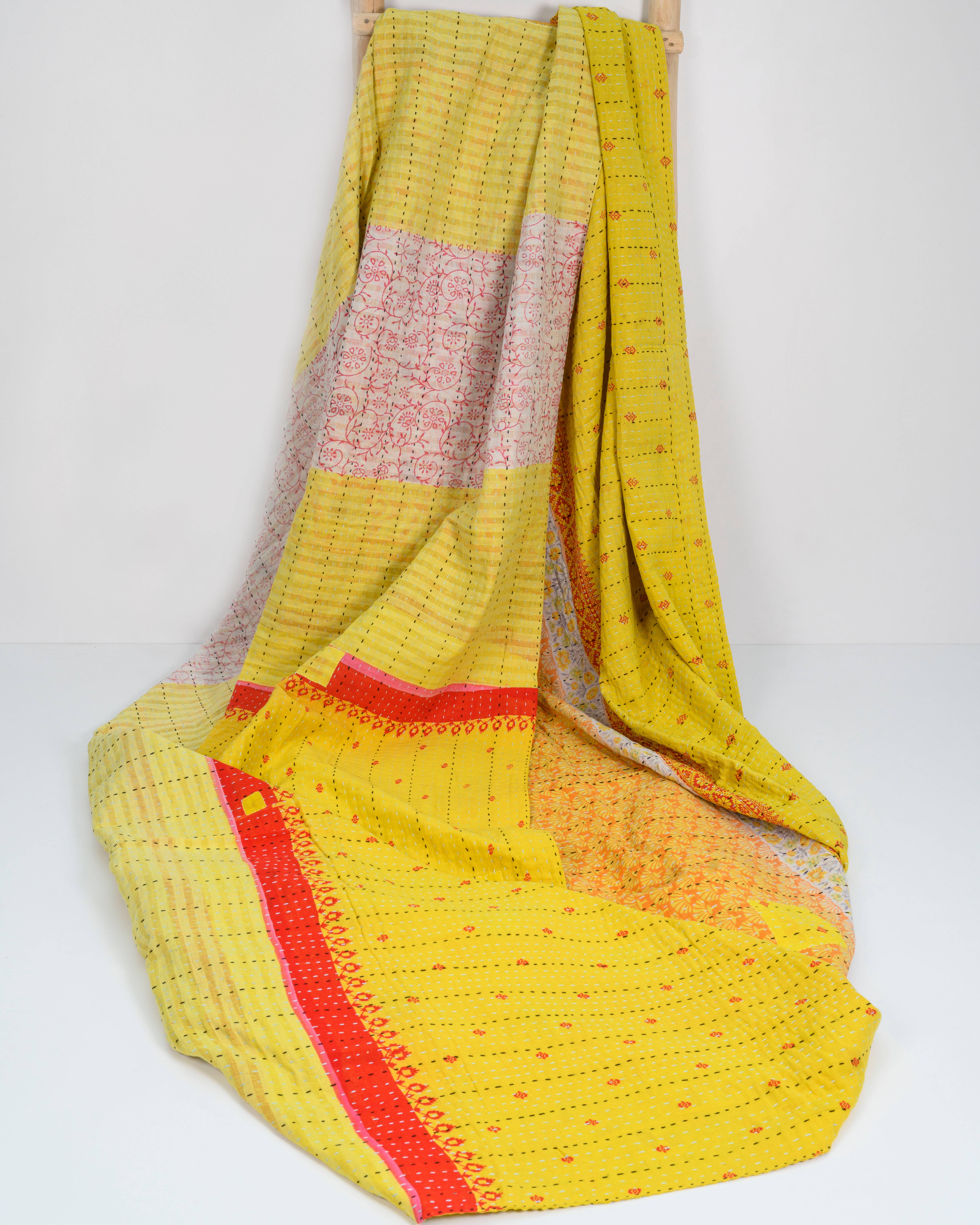 Crafts by Solid - Wholesale Quilt - Vintage Sari Kantha Bedcover  (Yellow and Orange)3