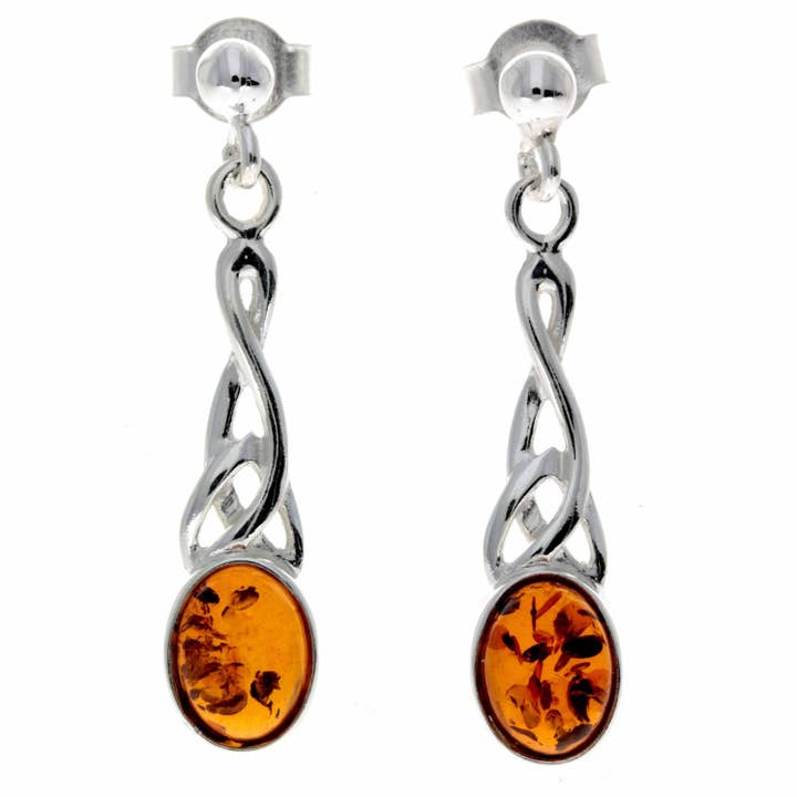 Pendientes colgantes celtas de plata de ley 925 y ámbar báltico, 8007 para venta al por mayor de SilverAmber Jewellery