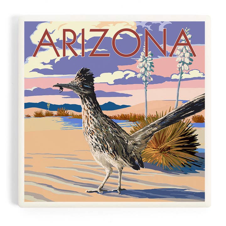 CERAMIC COASTER Arizona, Roadrunner Scene for wholesale by Lantern Press
