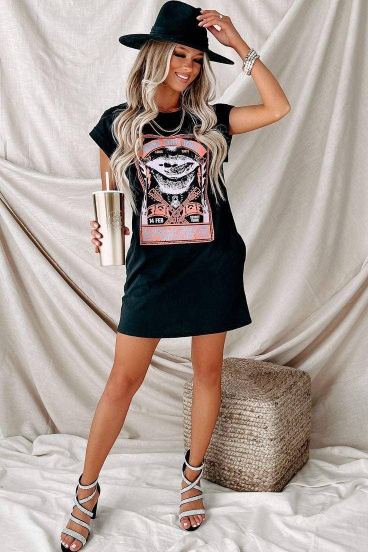 BLACK roll poster graphic t shirt dress print on demand for wholesale on Faire1