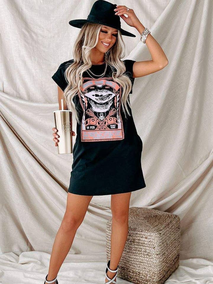 BLACK roll poster graphic t shirt dress print on demand for wholesale on Faire1