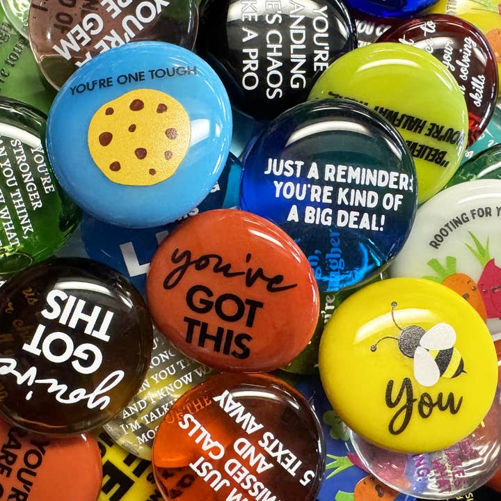 Encouragement Glass Stone Assortment, 100 Words and Images for wholesale by Lifeforce Glass, Inc.