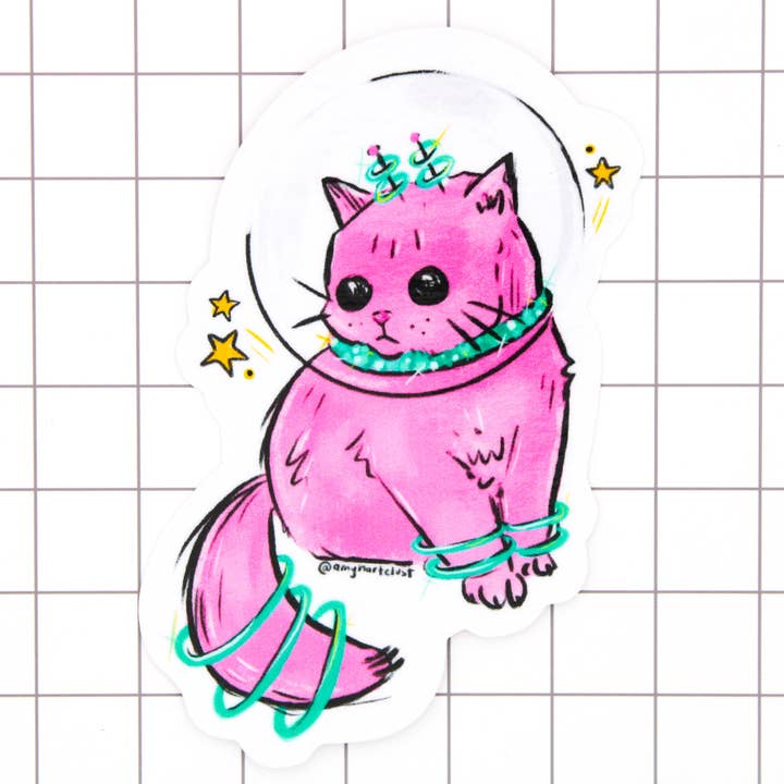 Pink Space Kitty Vinyl Sticker for wholesale by Amy Hartelust Art and Illustration