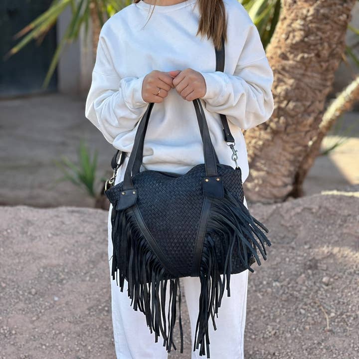 Berberwoolrug - Wholesale Schoudertas - Dames - Leren tas met geweven franjes, handgemaakte westerse gevlochten portemonnee12