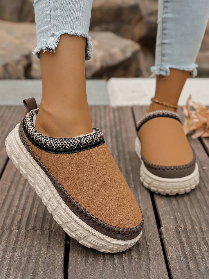 Contrast Stitch Detail Faux Suede PU Patchwork Plush Slipper for wholesale by 1 the Woman