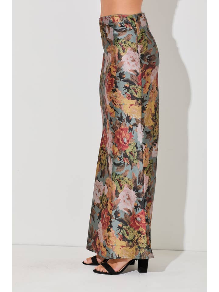 Baevely by Wellmade USA - Wholesale Skirt - Women's - FLORAL SATIN MAXI SKIRT WITH SLIT