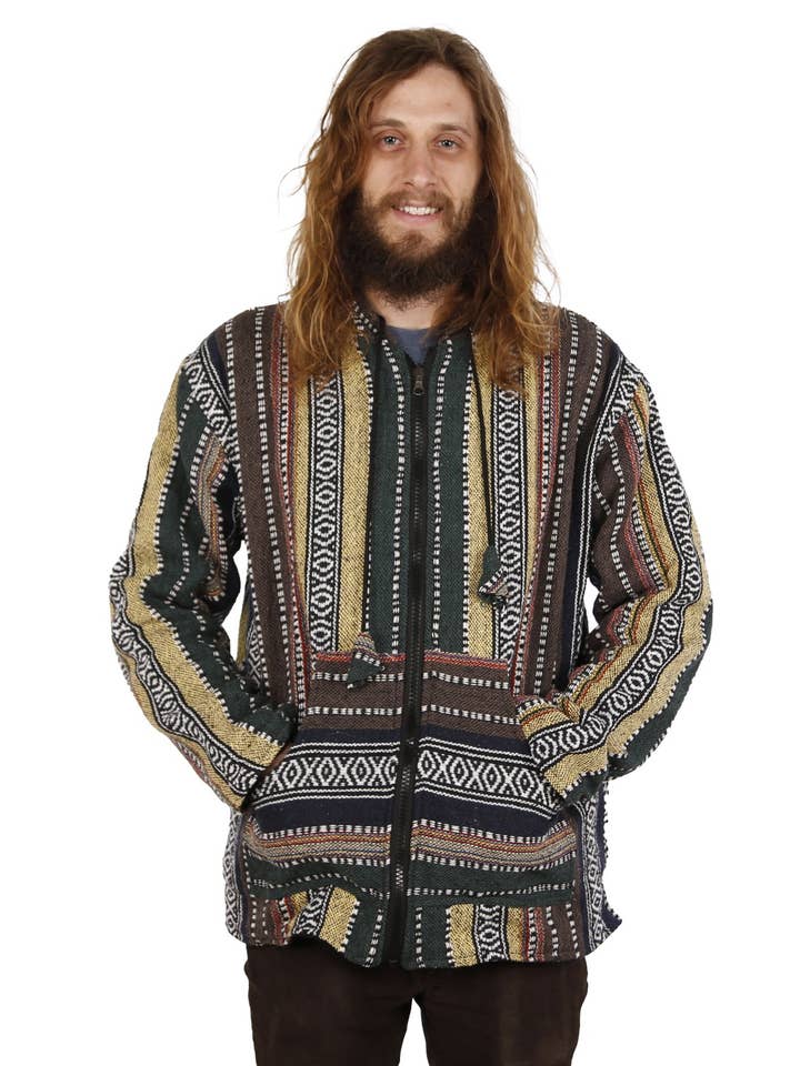 Sunshine Joy - Wholesale Hoodie - Men's - Reversible Fleece Lined Woven Baja Style Hoodie Zip Up Earth