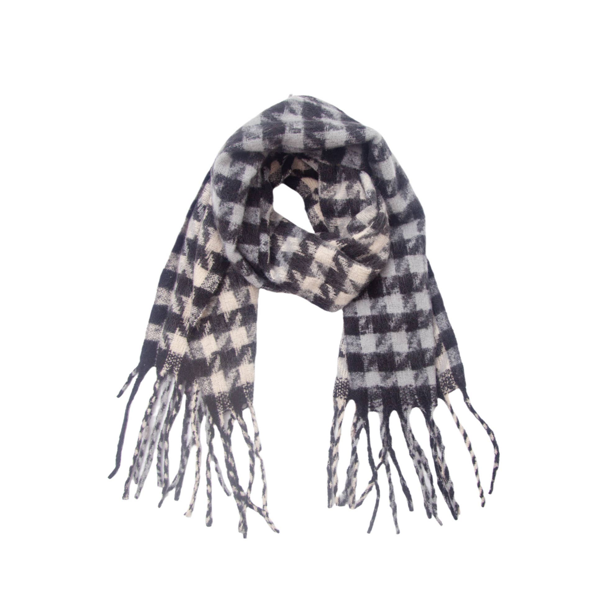 Adorro - Wholesale Scarf - Women's - Soft Two Tone Houndstooth Chunky Fleece Oblong Tassel Scarf2